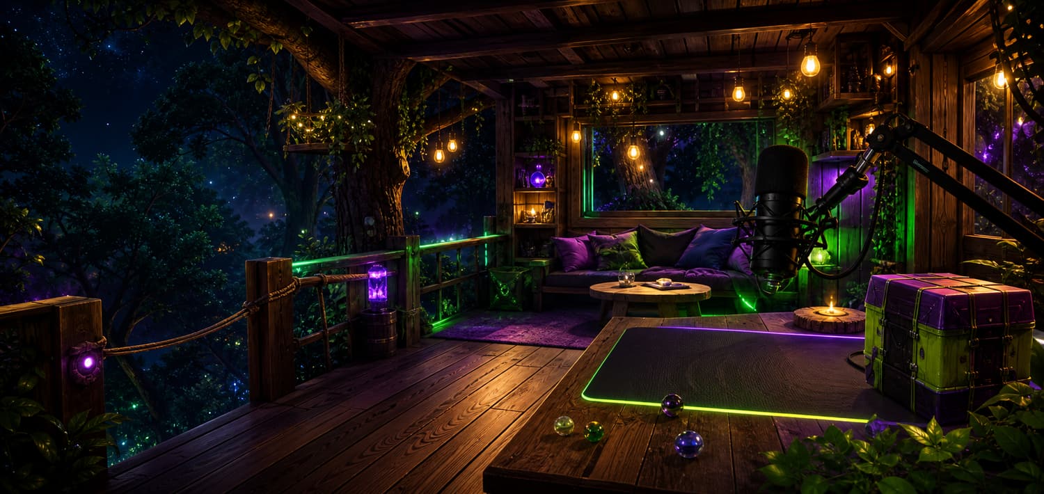 A cozy neon-lit treehouse stream room with wood planks, green and purple lights, a microphone desk, marbles, and warm hanging bulbs.